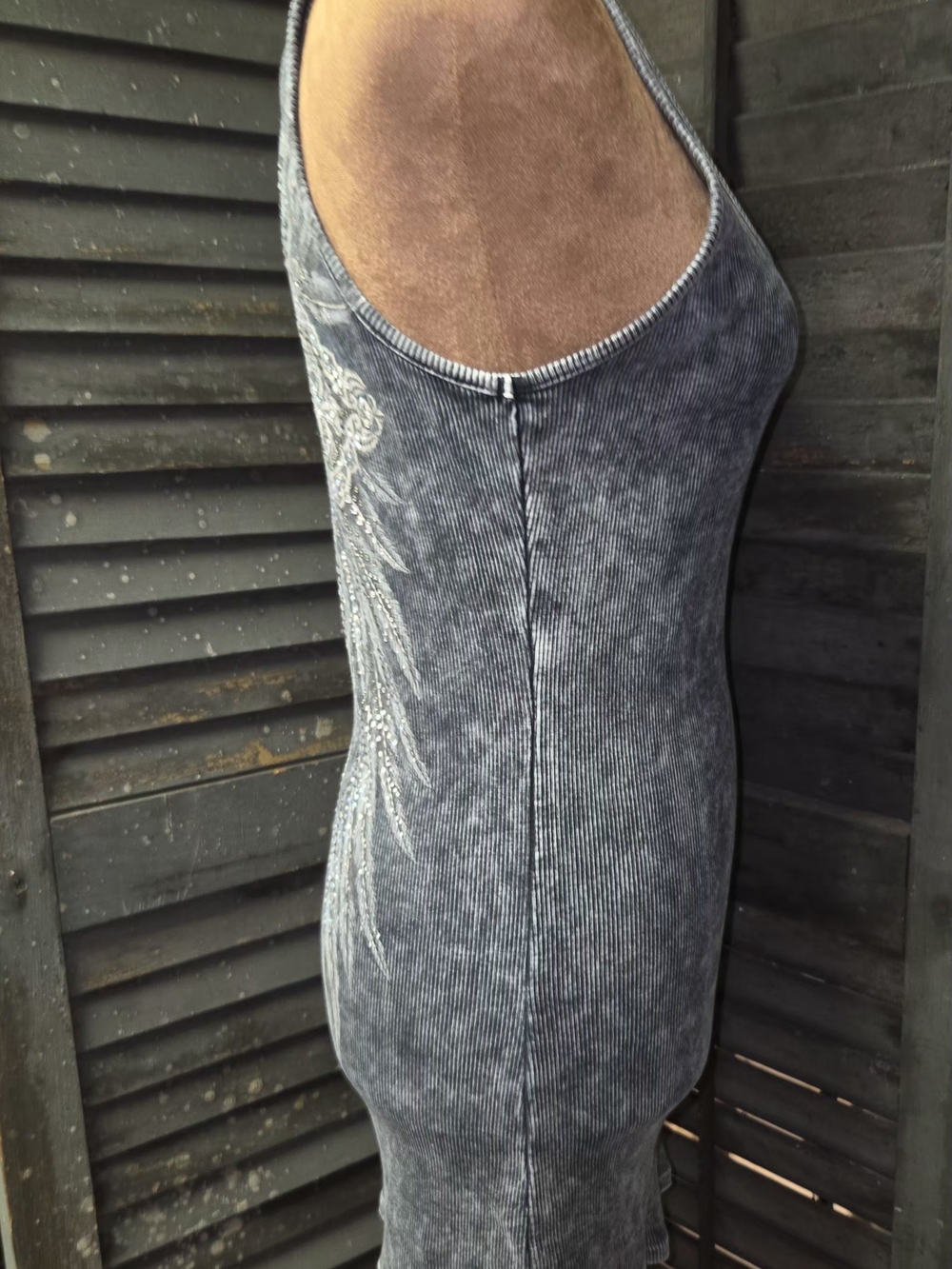 Vocal Gray Ribbed Tank Top with Rhinestone Cross - Picture 2 of 4